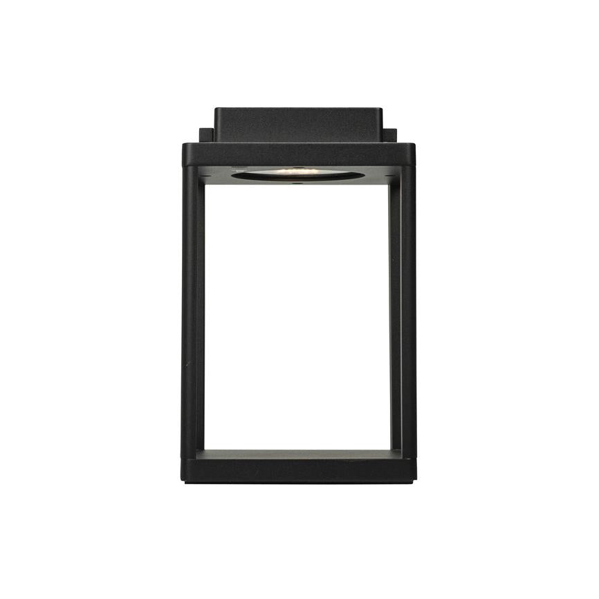 Schwarze rechteckige Außenleuchte mit offenem Rahmen; integriertes LED-Licht zeigt von oben nach unten; Flaches Ober- und Unterteil aus minimalistischem Metall, isoliert vor einem weißen Hintergrund.