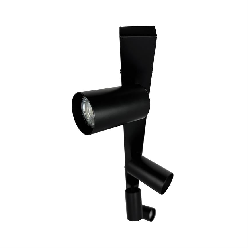 Schwarze zylindrische Strahler, montiert auf einer vertikalen rechteckigen Platte; Drei verstellbare Lampen, die in verschiedene Richtungen zeigen, auf weißem Hintergrund.