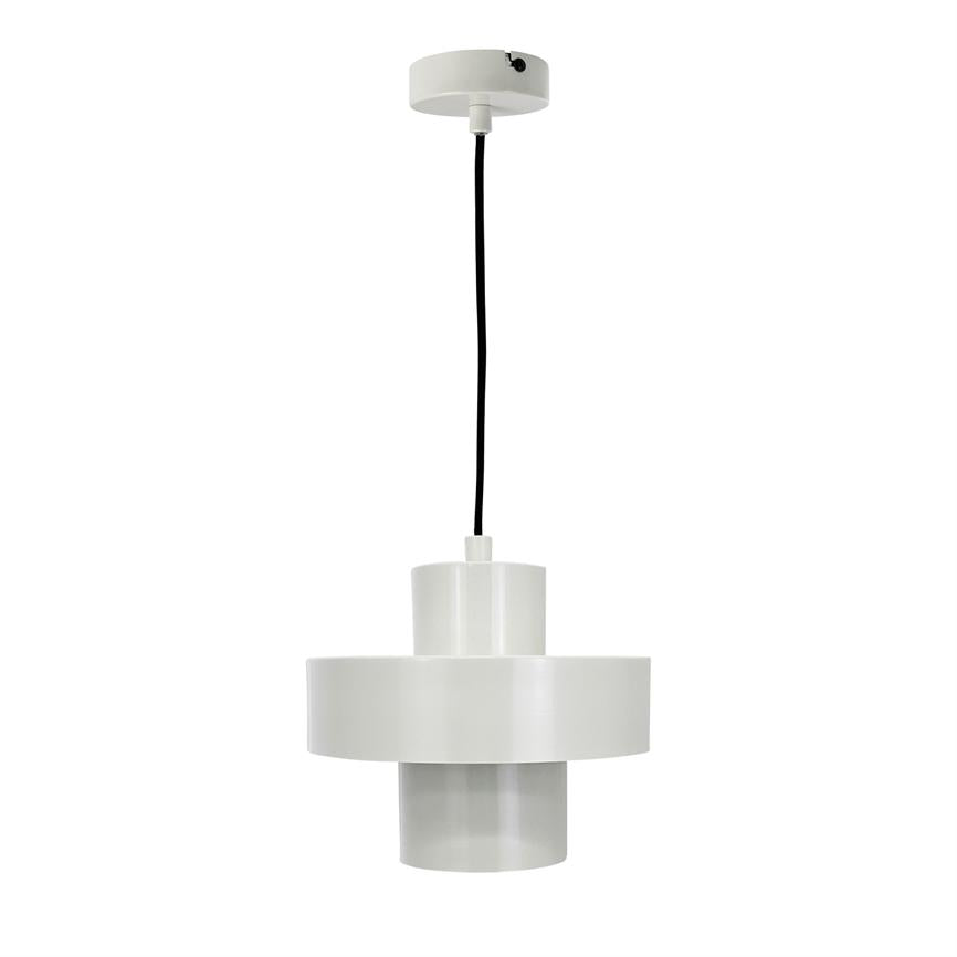 An einer schwarzen Schnur hängt eine weiße, zylindrische Pendelleuchte; Der Lampenschirm besteht aus drei abgestuften Zylindern und ist vor einem einheitlichen weißen Hintergrund zu sehen.