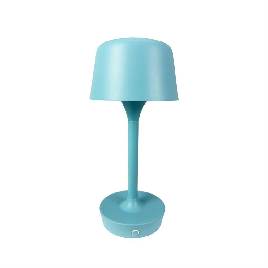 Eine türkisfarbene Tischlampe steht aufrecht; Runder Bildschirm auf schlankem Fuß über kreisförmigem Sockel mit kleinem Druckknopf, isoliert vor einem einheitlichen weißen Hintergrund.