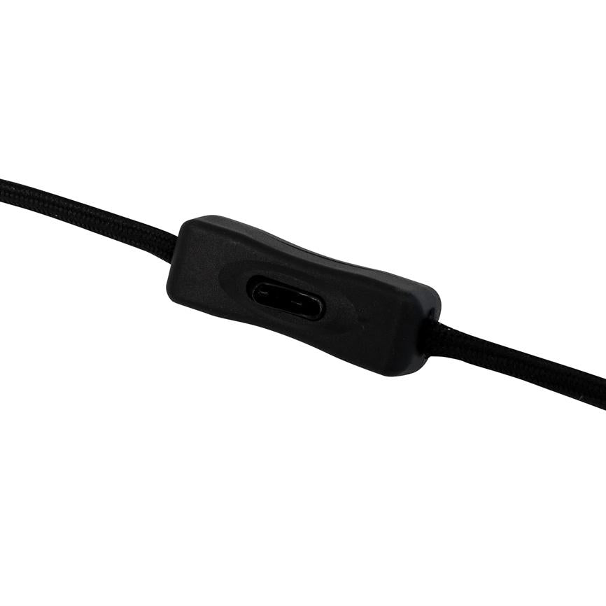 Schwarzer Inline-Schalter, montiert auf einem geflochtenen schwarzen Kabel, mit ovalem Druckknopf; isoliert auf einem einheitlichen weißen Hintergrund.