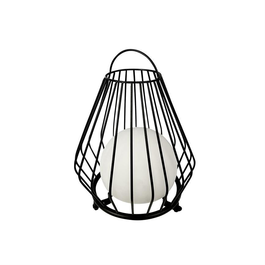 Sort metalbur omslutter en mat hvid kugle, har ringhåndtag og tre små fødder, placeret på en ensartet hvid baggrund.