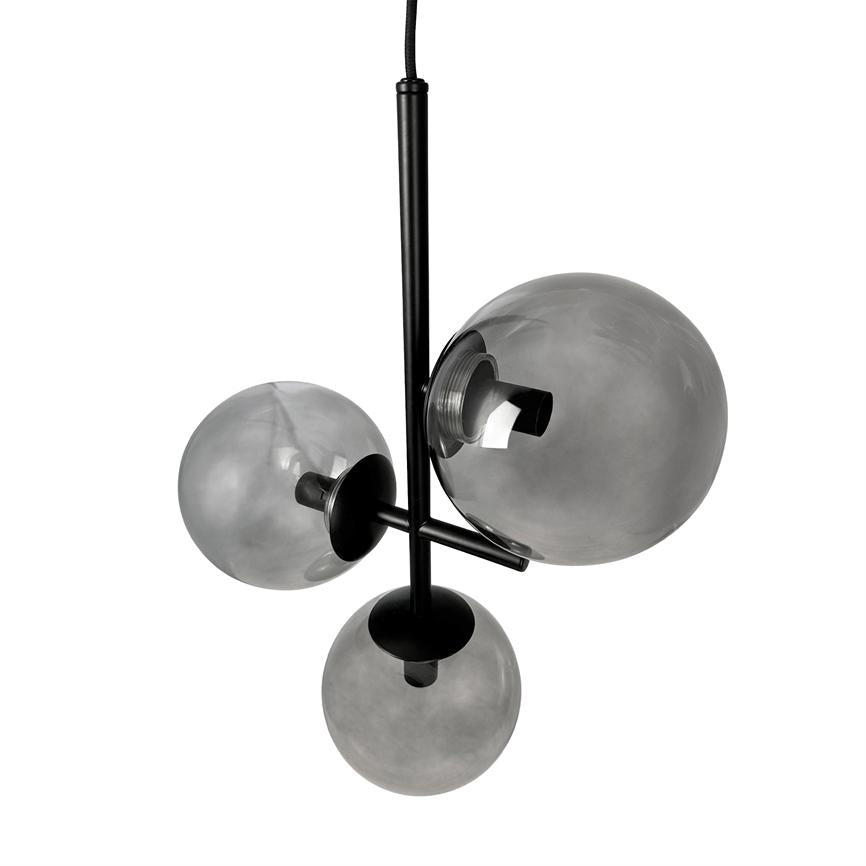 En sort ledning med lodret metalstang bærer tre røgfarvede glaskupler; kuplerne er kugleformede og asymmetrisk arrangeret omkring stangen, mod hvid baggrund.