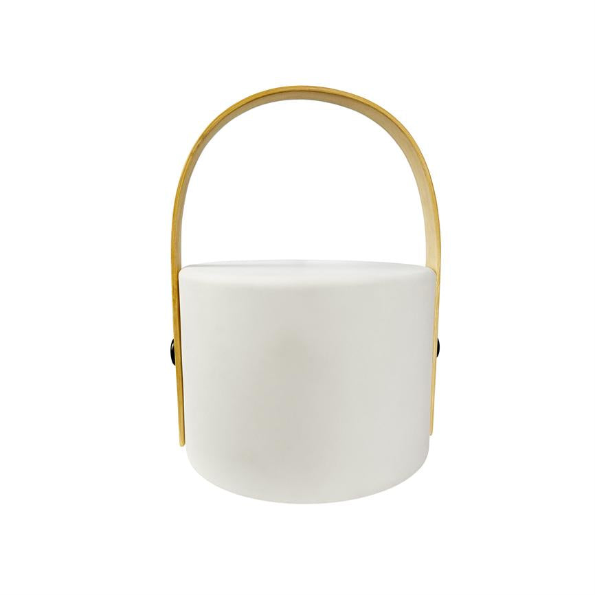 Weiße zylindrische Tischlampe mit glatter Oberfläche und einer gebogenen goldenen Halterung über der Oberseite, platziert auf einem schlichten weißen Hintergrund.