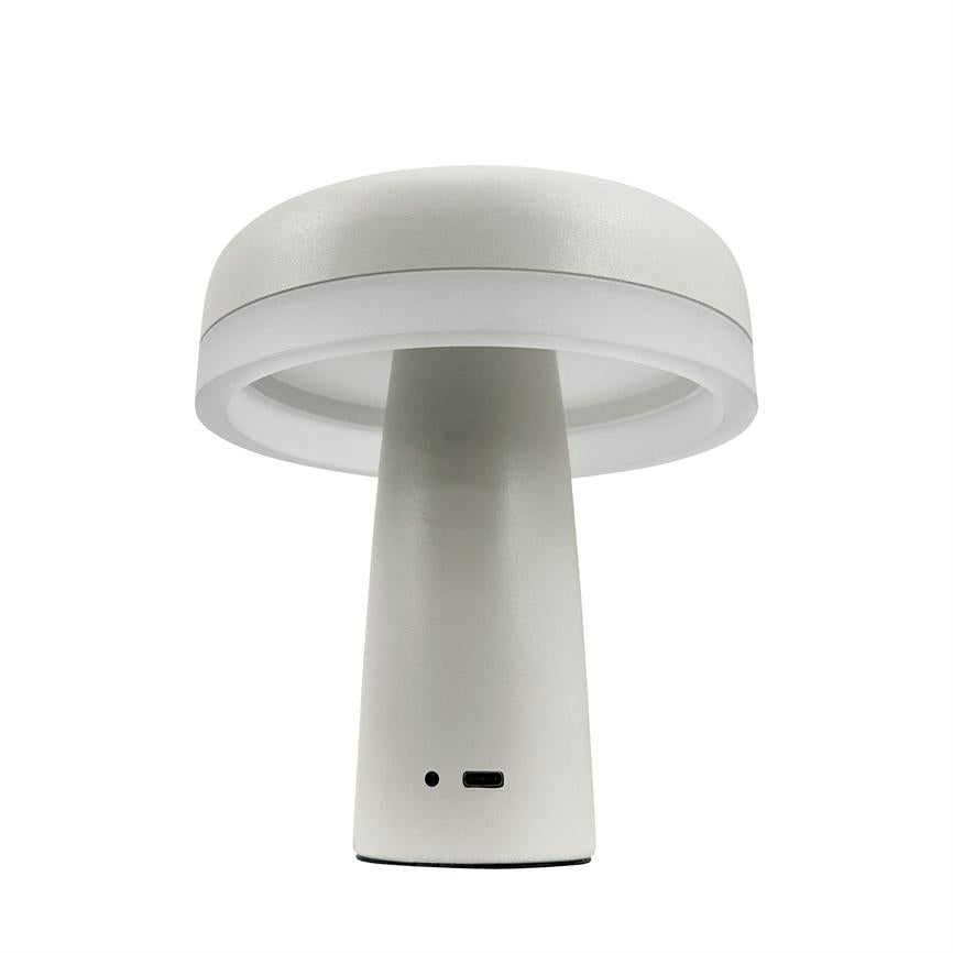 Vorn steht eine pilzförmige Tischleuchte mit rundem Schirm und schlankem Fuß; Die Lampe zeigt einen USB-C-Anschluss und eine kleine runde Anzeige vor neutralweißem Hintergrund.