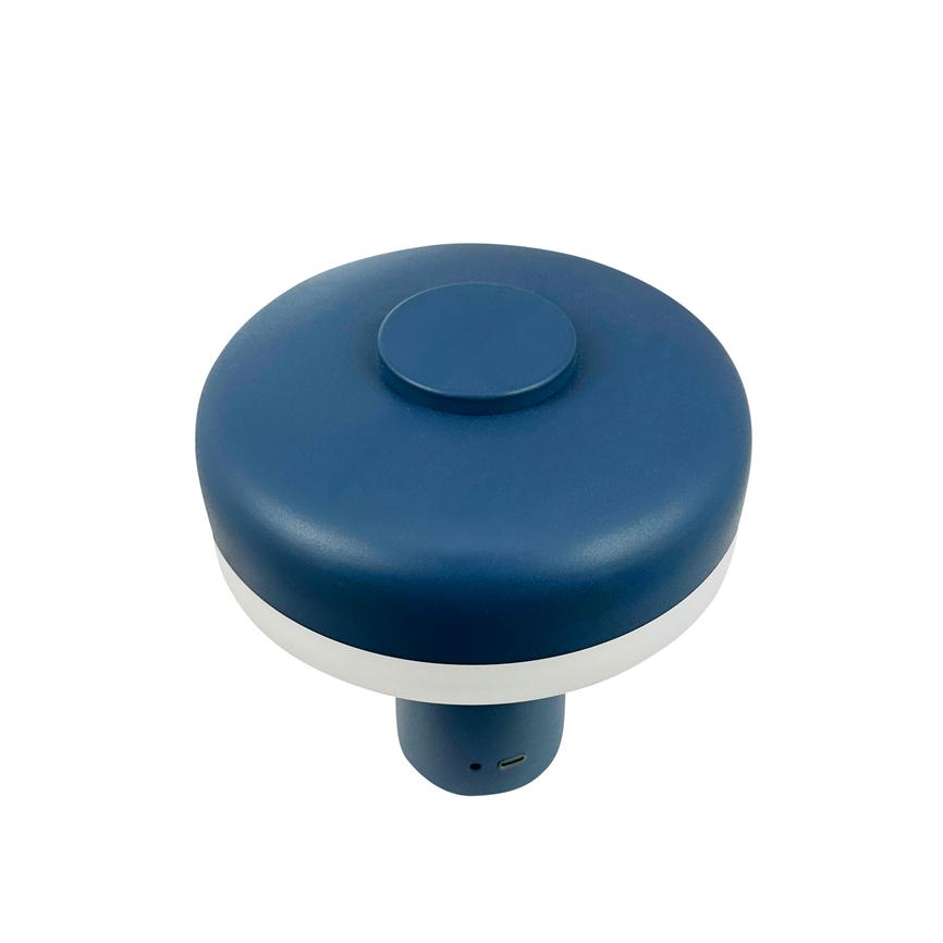 Blaues rundes Gerät mit weißem Ring auf weißem Hintergrund; Die Oberseite hat eine kleinere runde Erhebung, die Unterseite ist zylindrisch und zeigt einen USB-Anschluss.