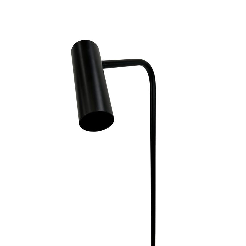 Schwarze zylindrische Leselampe zeigt schräg nach unten; eine schlanke, gebogene Stange hält den Bildschirm; Der neutralweiße Hintergrund hebt den minimalistischen, isolierten Produktbereich hervor.