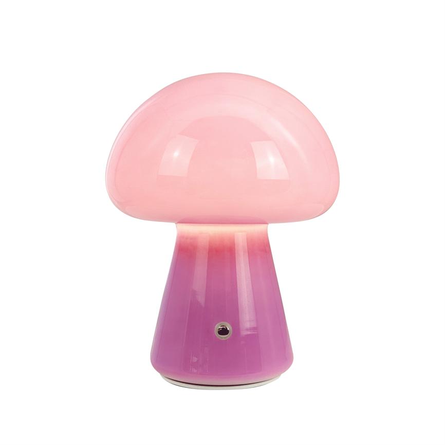 Svampeformet bordlampe lyser blødt rosa, med blank lyserød kuppel og lilla fod; står centralt på en ensartet hvid baggrund.