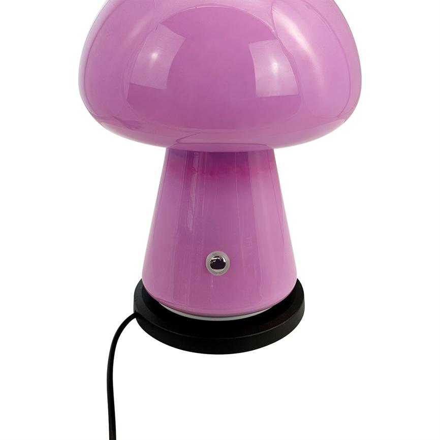 Die violette Pilzlampe steht auf einem schwarzen runden Sockel mit befestigter Kordel; glänzende Oberfläche mit Reflektoren und einem kleinen Metallknopf am Lampenschaft, platziert vor einem weißen Hintergrund.