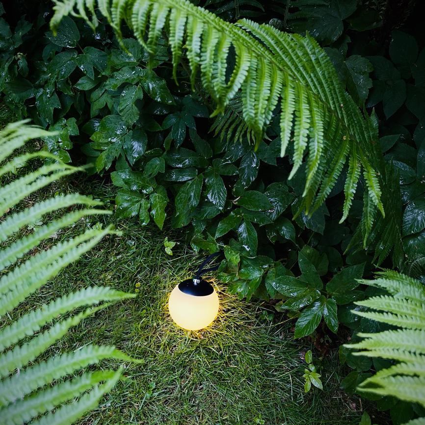 Eine runde Solarlampe strahlt warm auf das Gras, umgeben von nassgrünen Farnen und glänzenden Blättern in einem dichten, schattigen Gartenbeet.