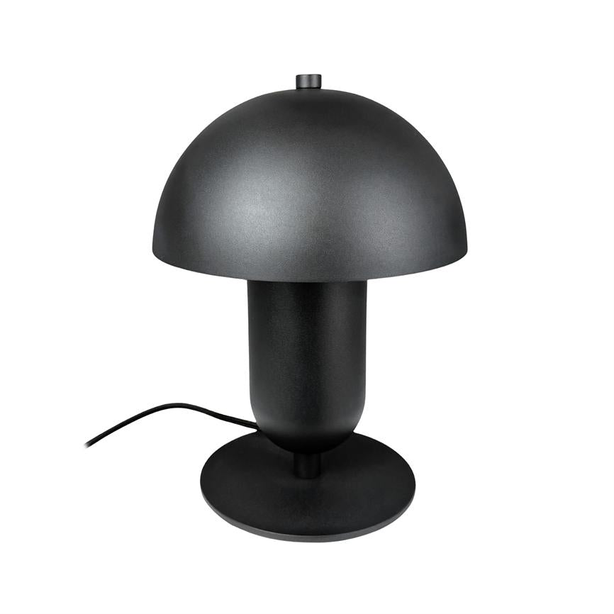 Schwarze Tischlampe in Pilzform steht auf weißem Hintergrund; zylindrischer Sockel und runder Schirm, mit rundem Sockel und sichtbarem Draht, minimalistisches, modernes Design.